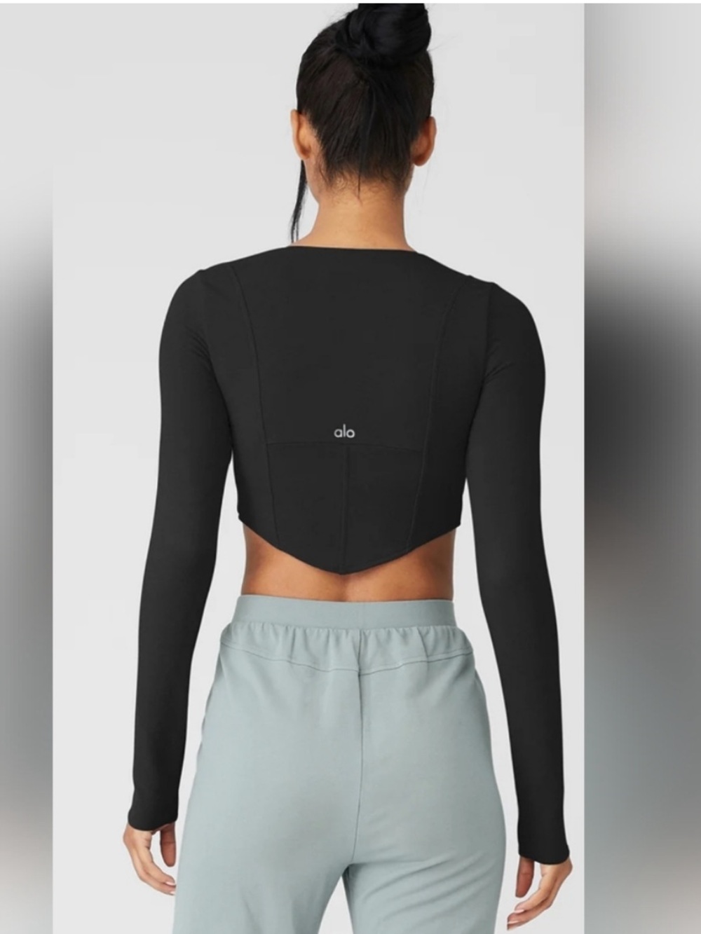 ALO Yoga Black Long-Sleeve Corset Style Cropped Top - Picture 2 of 8